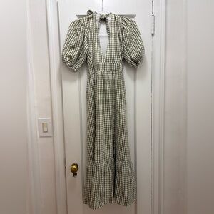 Faithfull the Brand Green and White Puff Sleeve Sundress